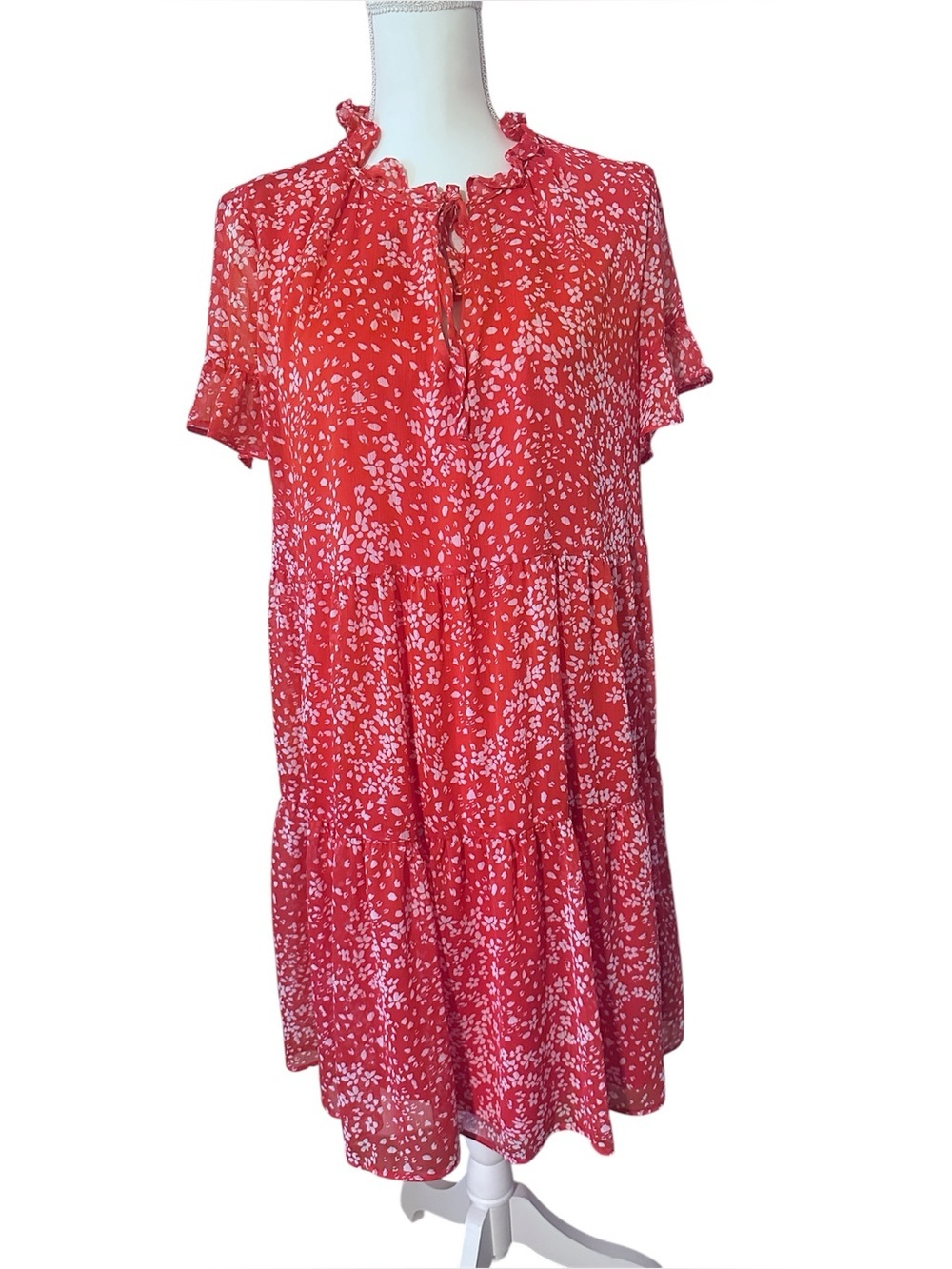 NWT - DKNY Red and White Floral Print Tiered Dress
